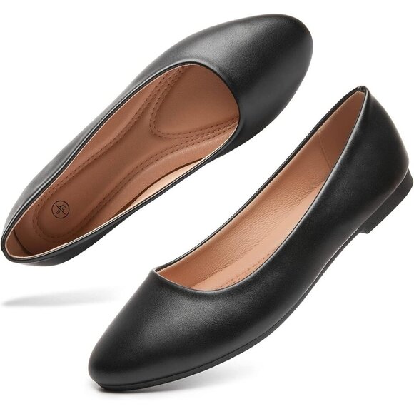 Shoes - Women's Black PU Leather Closed Toe Slip on Comfortable Ballet Flats Shoes